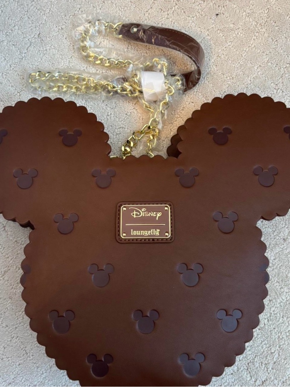 Loungefly Brown Mickey Mouse Scalloped Crossbody Bag with Gold Chain